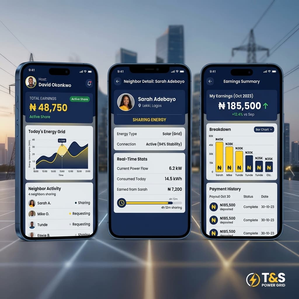 T&S Power Grid mobile screens for monitoring neighbors, energy usage and earnings